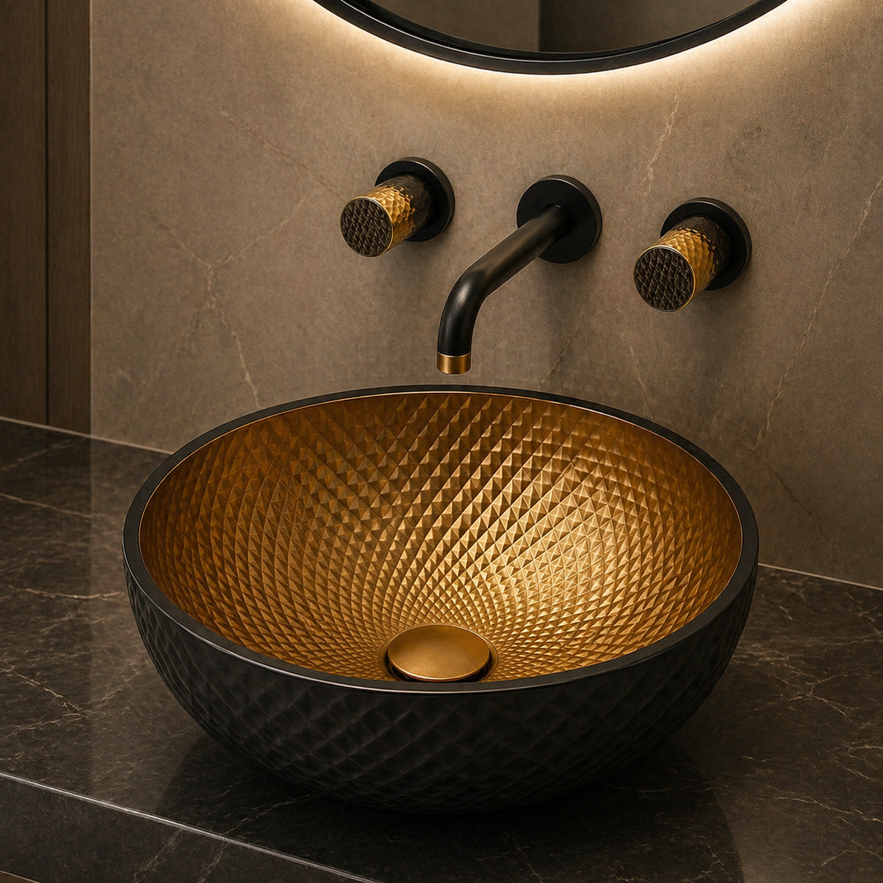 Architectural bathroom featuring matte black and brushed brass faucet finishes