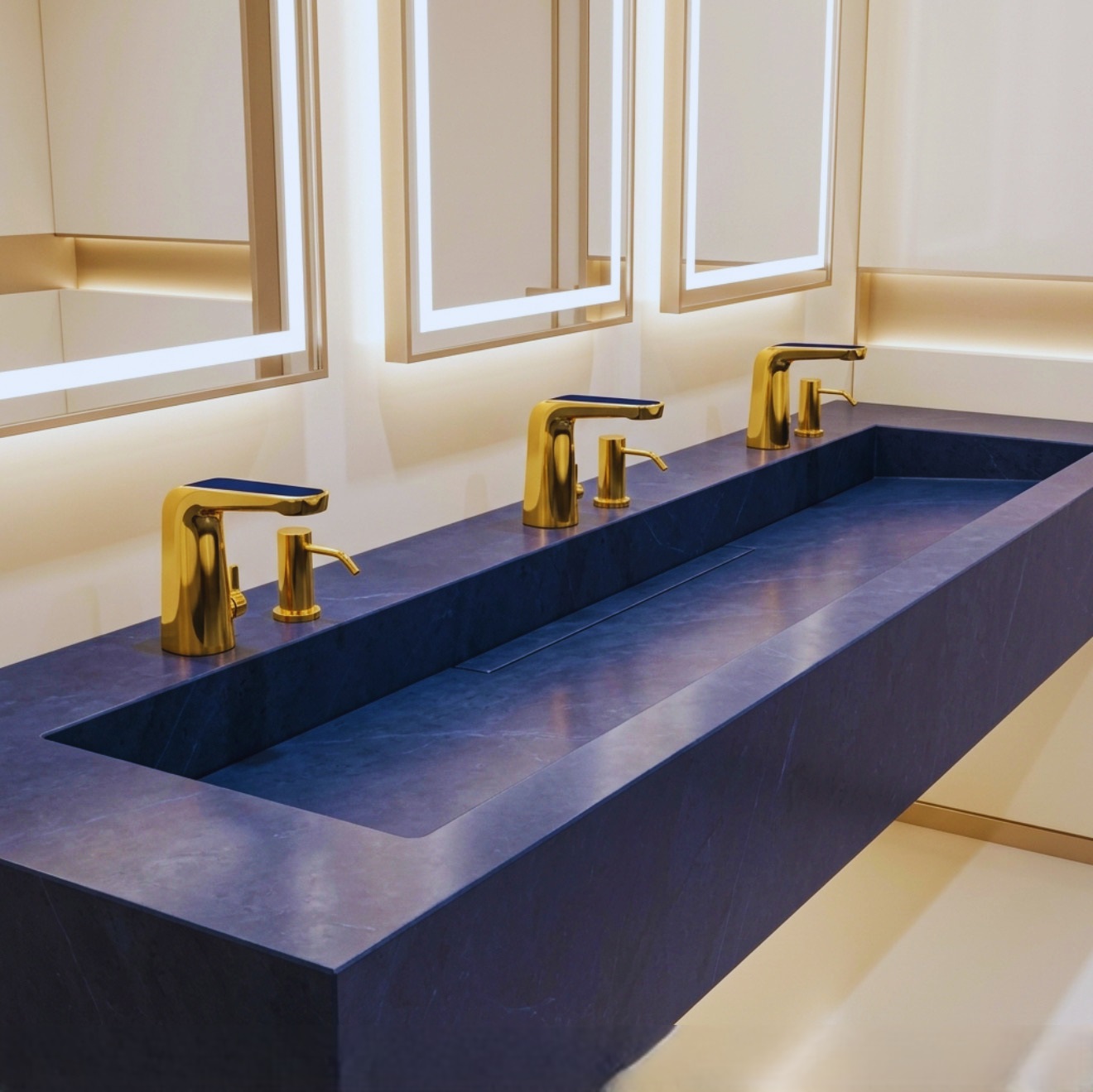 Commercial touchless faucet installation in an architectural restroom