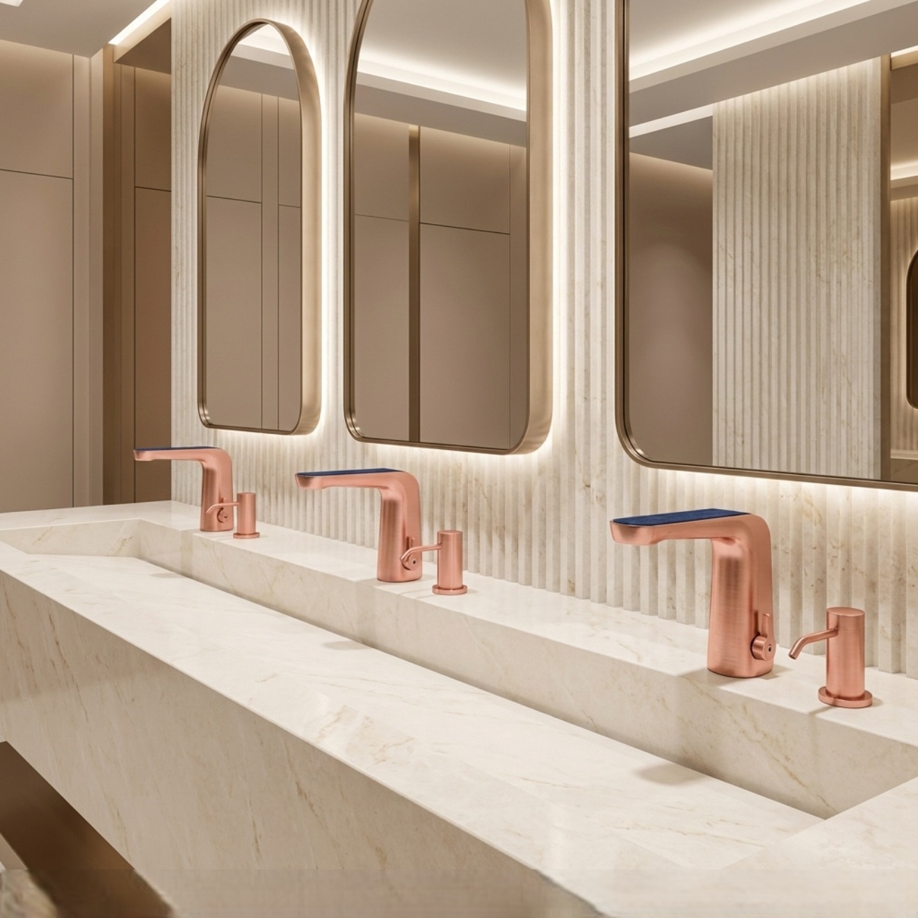 Commercial touchless faucet coordinated with an architectural lavatory